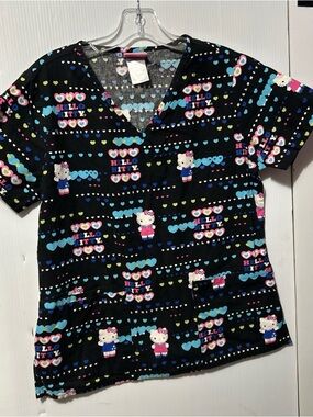 Hello Kitty Black Scrub Top with Multicolor Heart Accents